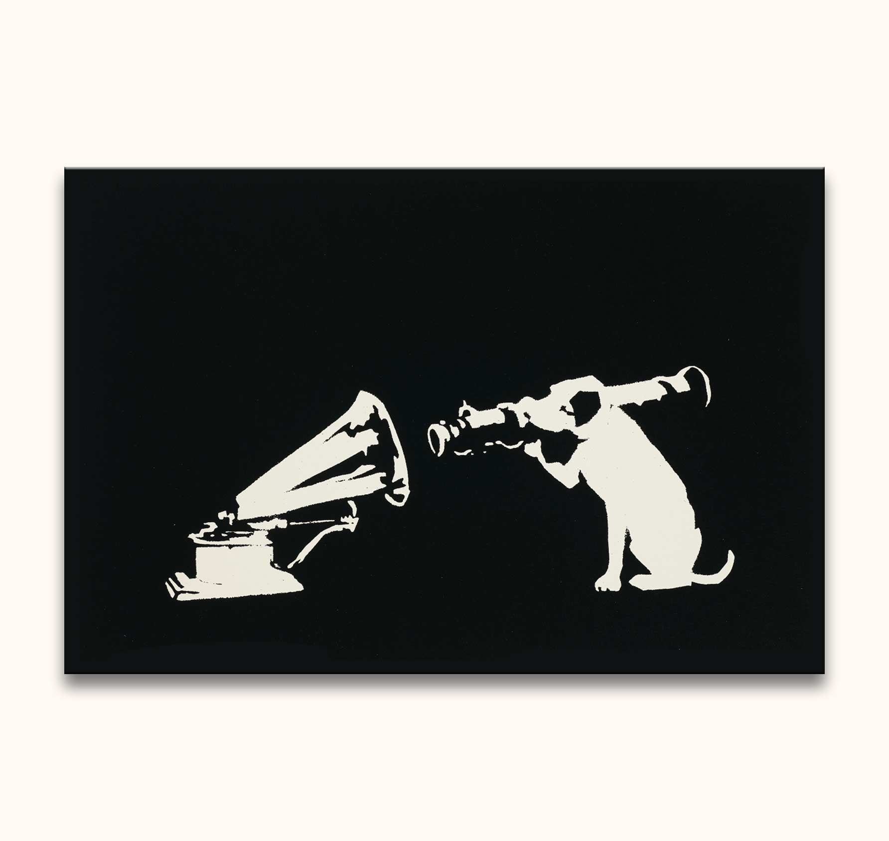 Banksy - His Master's Voice: A playful black-and-white stencil-style artwork featuring a dog with a telescope peering into a gramophone's horn, capturing pop art charm.