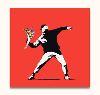 Banksy - Riot on Red: A hand-painted pop art piece depicting a masked protester throwing flowers, embodying street art's energy, ready to enhance any space.