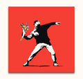 Banksy - Riot on Red: A hand-painted pop art piece depicting a masked protester throwing flowers, embodying street art's energy, ready to enhance any space.
