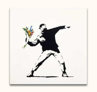Banksy - Riot on White: A hand-painted depiction of a protestor with flowers, blending street and pop art on high-quality, UV-protected canvas. Ready to hang, frame-free.