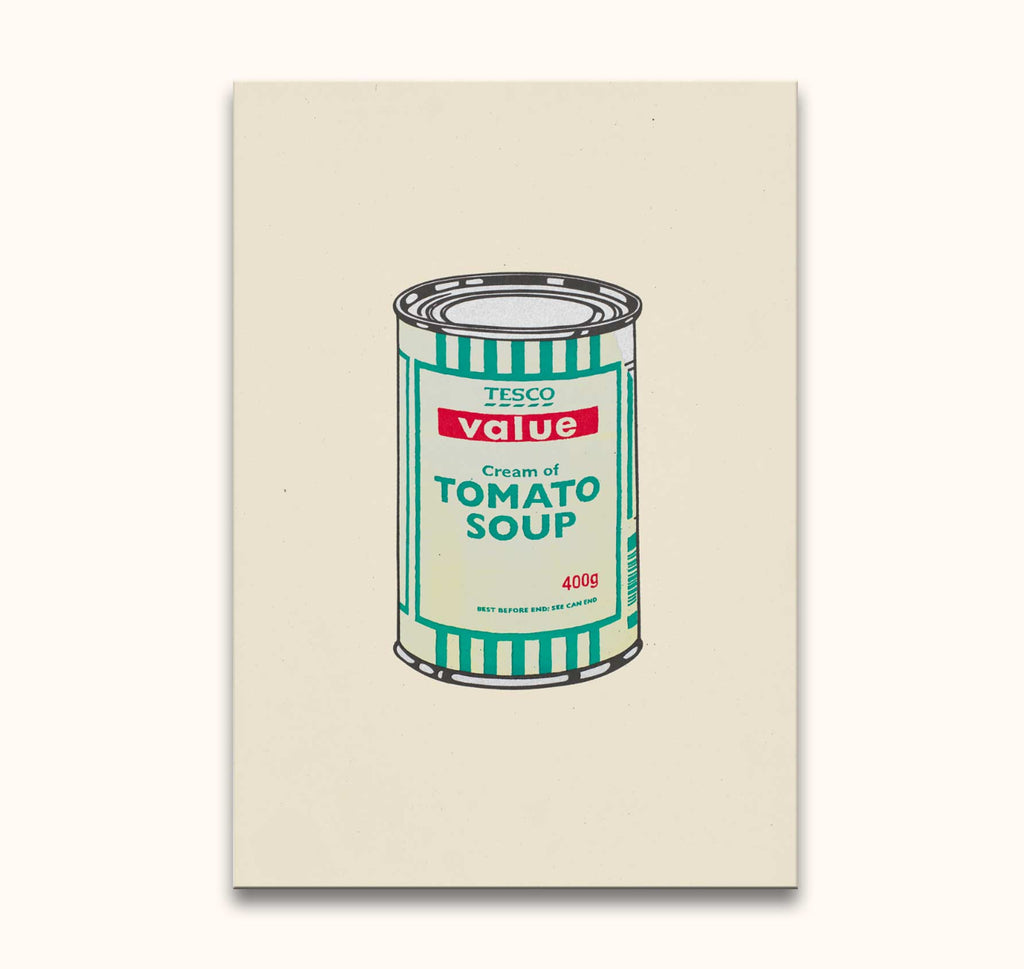 Banksy-inspired pop art oil painting Value Tomato Soup, depicting a Tesco can in graffiti style, hand-painted on museum-quality canvas, ideal for modern interiors.