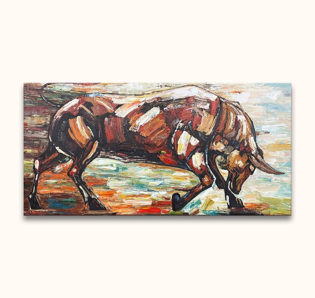 Boze Os - Olieverf op canvas. Impasto-stijl schilderij van een os in chargepositie. Krachtig en dynamisch, ideaal voor liefhebbers van dierlijke kunst.