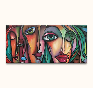 Picasso signature - Girls Together (120x60cm): Cubist painting of five stylized overlapping faces, hand-painted on museum-quality canvas, ready to hang, vibrant and expressive.