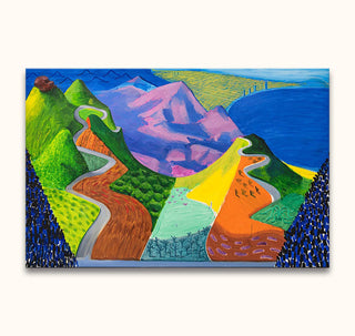 David Hockney - Driving through the Santa Monica Mountains: A vibrant, stylized landscape painting depicting abstracted hills, roads, and a cityscape by the coast.