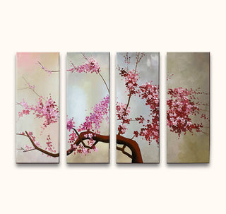 Vierdelig canvas kunstwerk Kersenbloesem met delicate roze bloesems en gedraaide tak, handgeschilderd met paletmes en olieverf, klaar om op te hangen.