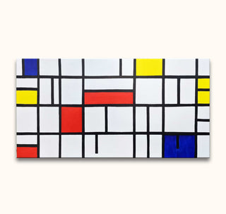 Piet Mondriaan - Compositie 2 in Rood, Geel en Blauw: Rectangular canvas with a grid of black lines and primary-colored rectangles, hand-painted in modern abstract style.