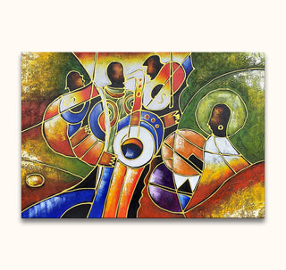 Drie muzikanten in kubistische stijl met gitaar, saxofoon en drum. Handgeschilderd olieverfschilderij De Sax met Pablo Picasso-signatuur. Geschikt voor kunstliefhebbers.