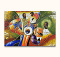 Drie muzikanten in kubistische stijl met gitaar, saxofoon en drum. Handgeschilderd olieverfschilderij De Sax met Pablo Picasso-signatuur. Geschikt voor kunstliefhebbers.