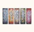 Tribal Orchestra – Olieverf 5-Luik: Abstracte panelen met muziekinstrumenten in energieke lijnen en kleuren, perfect voor moderne kunstliefhebbers, klaar om op te hangen.