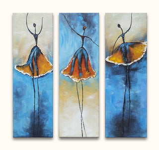 Drie Ballerina's - 3-Luik olieverfschilderij: Abstracte triptiek met gestileerde dansers in oranje rokken, geschilderd op canvas met paletmes en dikke olieverf.