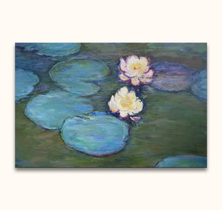 Claude Monet – Lotusbloemen bij Lourdes, impressionistisch olieverfschilderij van waterlelies en bladeren op een vijver, handgeschilderd op canvas, klaar om op te hangen.