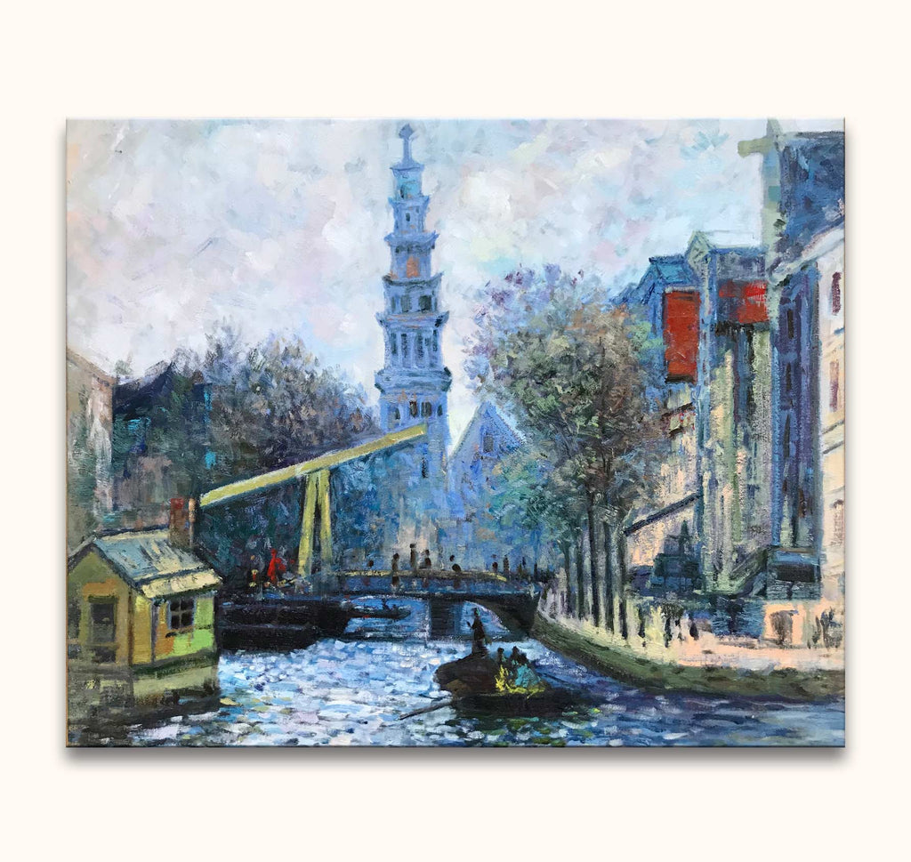 Claude Monet's Prinsengracht schilderij, impressionistische Europese kanaalscène met roeiboot, gele ophaalbrug, bomenrij en kerktoren. Handgeschilderd op zuurvrij canvas.