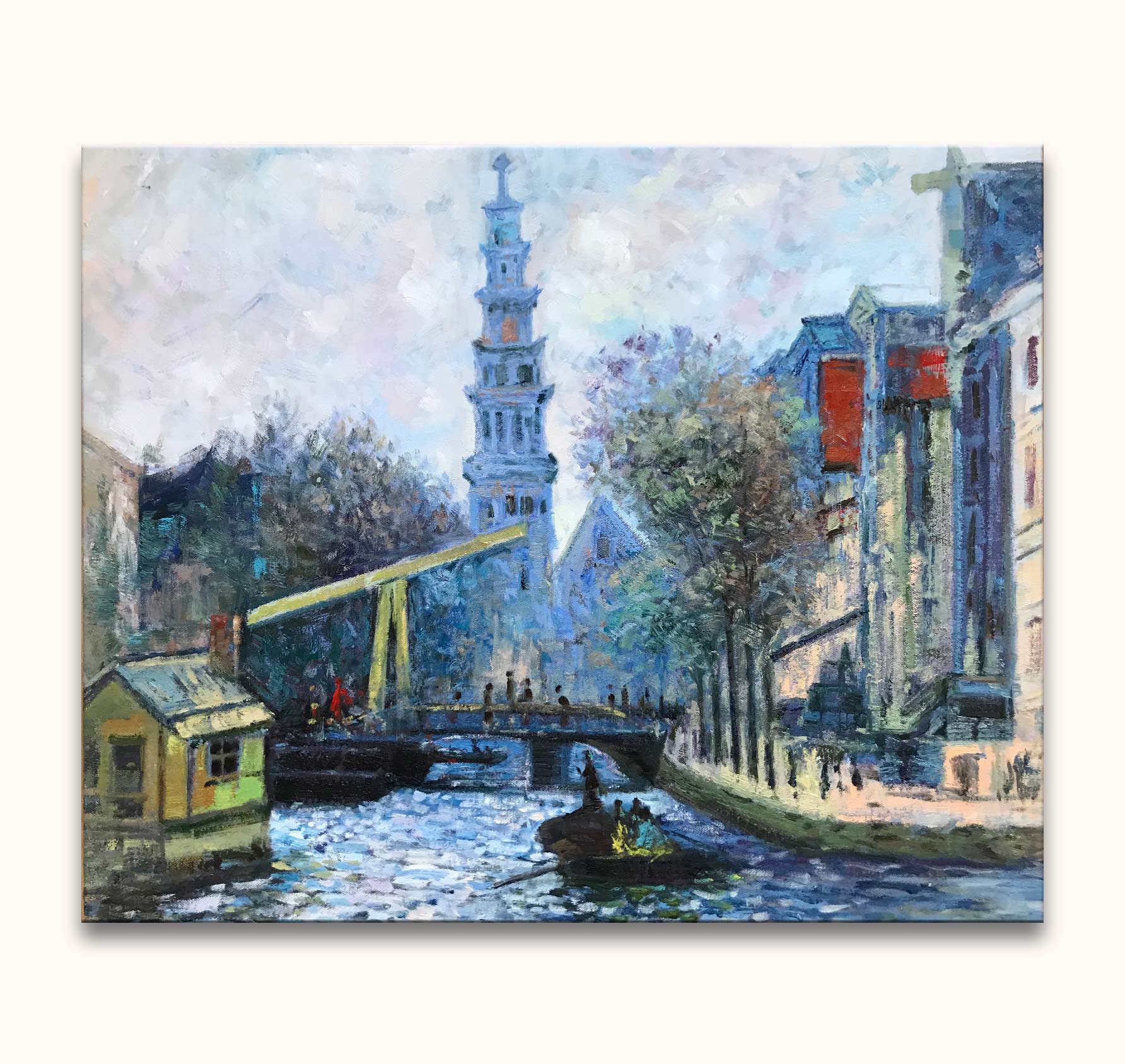 Claude Monet's Prinsengracht schilderij, impressionistische Europese kanaalscène met roeiboot, gele ophaalbrug, bomenrij en kerktoren. Handgeschilderd op zuurvrij canvas.