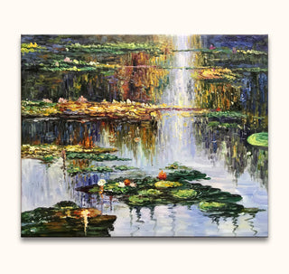 Impressionistisch olieverfschilderij Waterlelies aan de Camargue van Claude Monet, met kleurrijke waterlelies en reflecties, handgeschilderd op canvas, klaar om op te hangen.