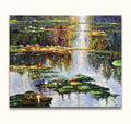 Impressionistisch olieverfschilderij Waterlelies aan de Camargue van Claude Monet, met kleurrijke waterlelies en reflecties, handgeschilderd op canvas, klaar om op te hangen.