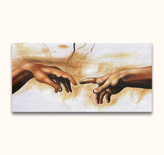 Michelangelo - Creatie van Adam: Twee uitgestrekte handen, detail van Michelangelo's fresco, handgeschilderd op canvas, gespannen op frame, klaar om op te hangen.