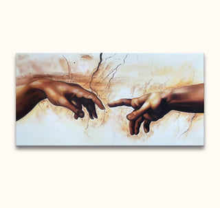 Michelangelo - Creatie van Adam (150x75cm): Hand-painted oil on canvas depicting two hands reaching, reminiscent of the Sistine Chapel, offering classical beauty for interiors.