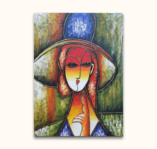Picasso signature - Dame met Hoed: Abstracte vrouw met hoed in kubistische stijl, expressieve penseelstreken en warme kleuren. Geschilderd op hoogwaardig canvas.