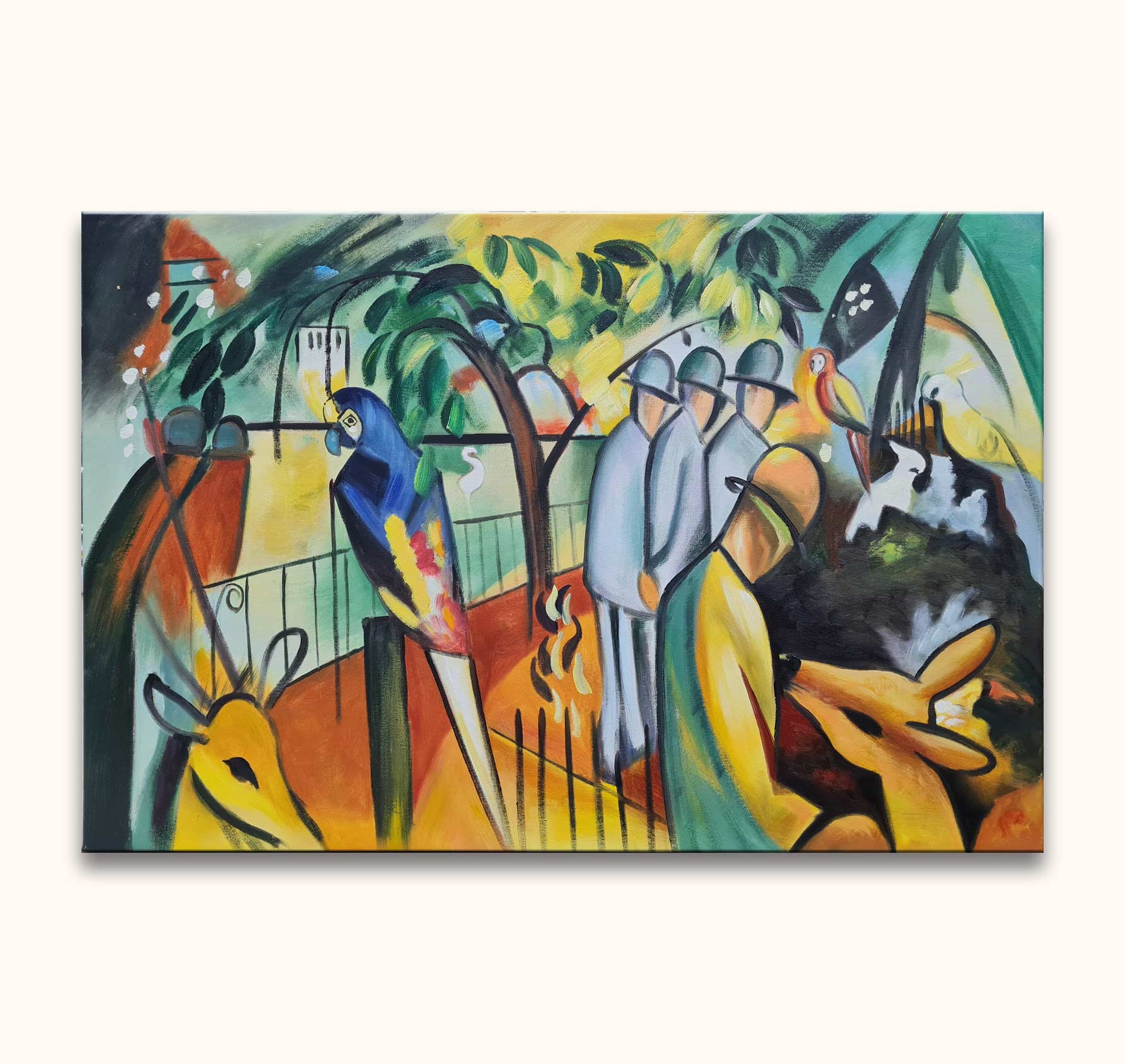Abstract schilderij met dieren en menselijke figuren van August Macke. Drie soldaten, vogels en een boom in een kleurrijke droomscène. Olieverf op doek.