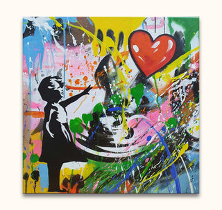 Banksy-inspired 'Girl with Balloon' painting, featuring a silhouette of a girl reaching for a heart against a vibrant graffiti-style background. Hand-painted on museum-quality canvas.