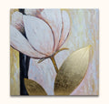 Gouden Tulp – Olieverf op canvas: Abstract schilderij met goud-witte tulp, dikke olieverf, op rustieke pastelachtergrond. Handgeschilderd, direct ophangklaar, geen lijst nodig.