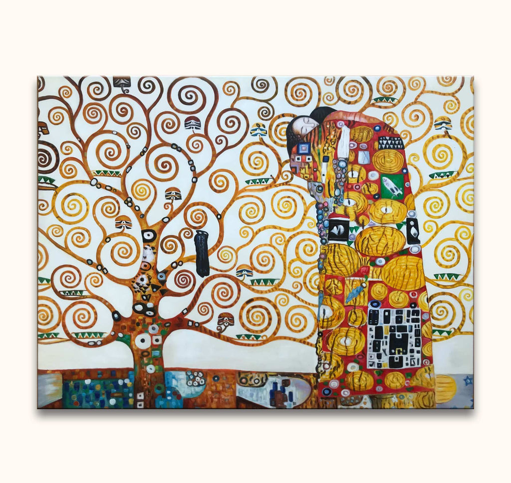 Gustav Klimt – Omarmd onder de Boom: Handgeschilderd canvas met Klimt-stijl boom en omarmend paar in gouden en kleurrijke mozaïekpatronen. Olieverf, museumkwaliteit.