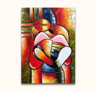 Twee abstracte figuren in omhelzing, kubistisch olieverfschilderij. Picasso signature - De Droom van Pascalle, handgeschilderd, kleurrijk en modern. Geschikt voor interieurdecoratie.