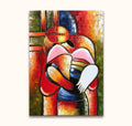 Twee abstracte figuren in omhelzing, kubistisch olieverfschilderij. Picasso signature - De Droom van Pascalle, handgeschilderd, kleurrijk en modern. Geschikt voor interieurdecoratie.