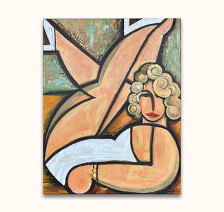 Cubist-inspired painting of a reclining woman in a white dress, titled Picasso signature - Marilyn Monroe. Modern abstract oil on canvas, ready to hang.