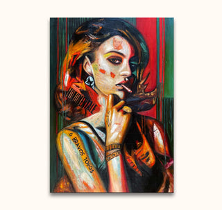 Loui Jover - Smoking Lady: Expressive portrait of a woman with cigarette, marked with vibrant brushstrokes. Urban pop-art style, perfect for modern interiors.