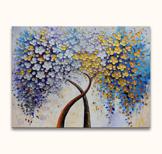 Tree Romance – Two intertwined trees with vibrant metallic foliage on canvas, showcasing modern impasto technique, hand-painted for nature-inspired decor. Ready to hang, UV-protected.