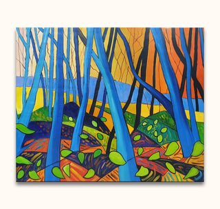 David Hockney's Winter Trees painting featuring abstract forest scene with vivid blue trunks and warm-hued forest floor, ideal for modern art enthusiasts.