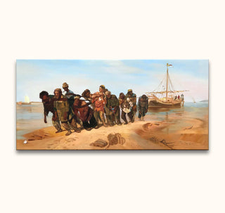 Elf barge haulers trekken een schip langs de Wolga in een 19e-eeuws realistisch olieverfschilderij door Ilja Jefimovitsj Repin. Geschilderd op hoogwaardig canvas.