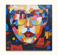 Joseph Lee's Woman with Glasses, a vibrant pop art portrait with expressive brushstrokes, capturing a face in bold hues, ready to hang.