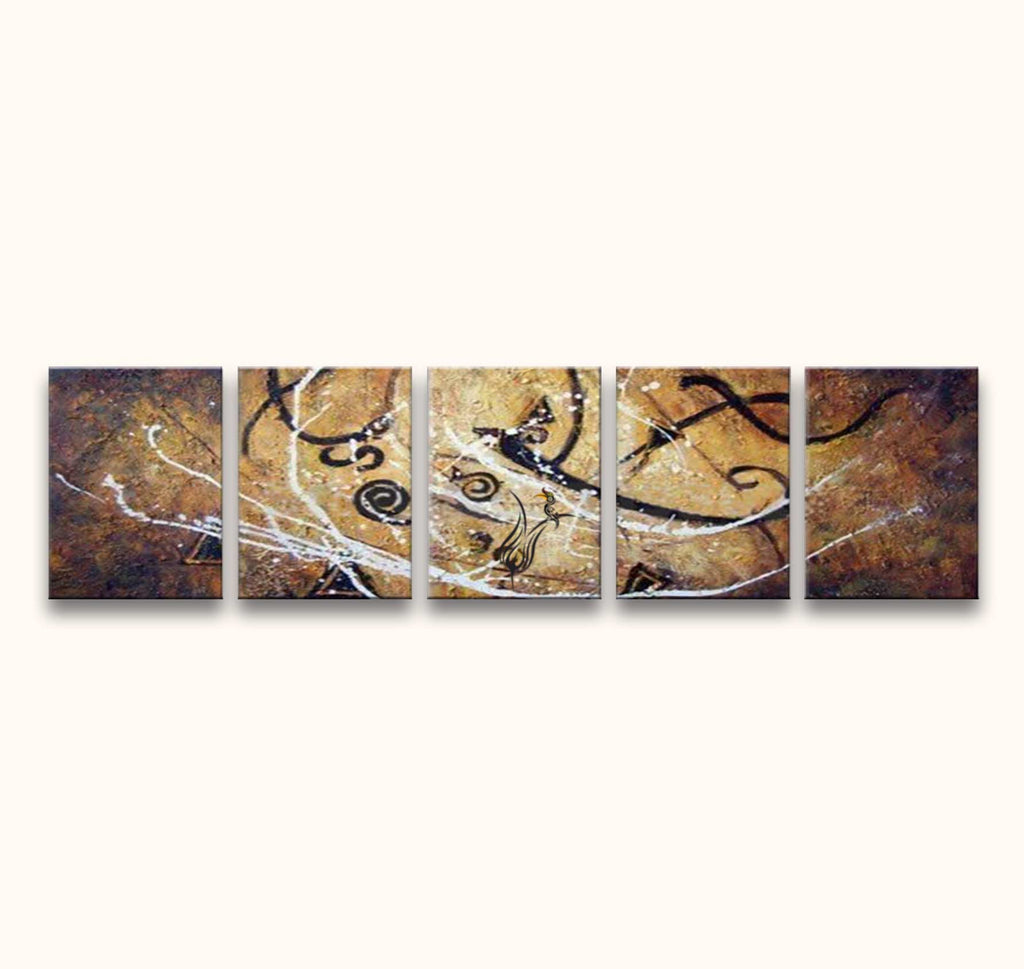 Tribal Ideas Squared – Olieverf 5-Luik: Abstract pentaptych with textured earth-tone background, black curves, and white splatters, showcasing modern tribal forms.