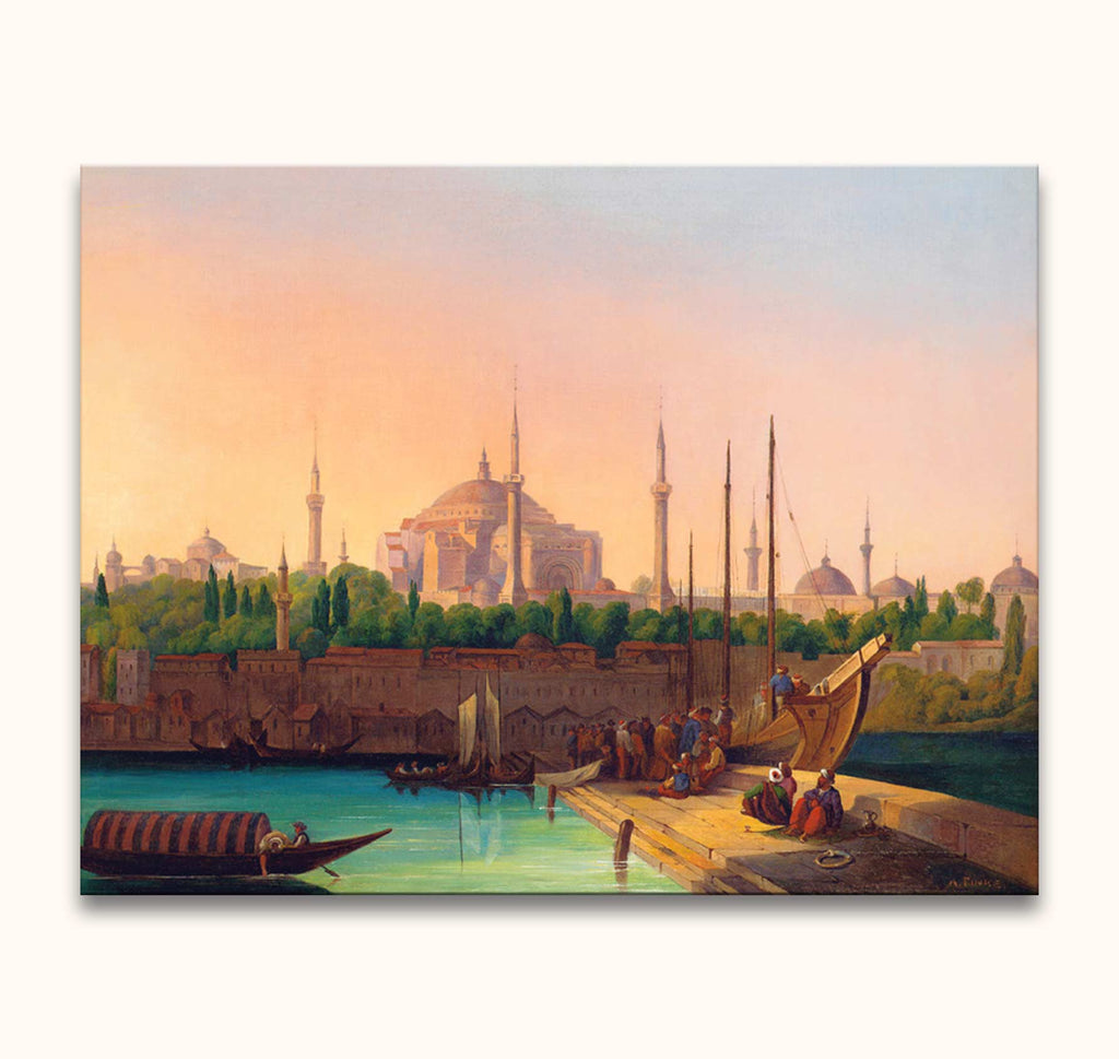 August Finke's 'Hagia Sophia, Istanbul' depicts a bustling 19th-century harbor scene with the iconic mosque, hand-painted in classic style on museum-quality canvas.