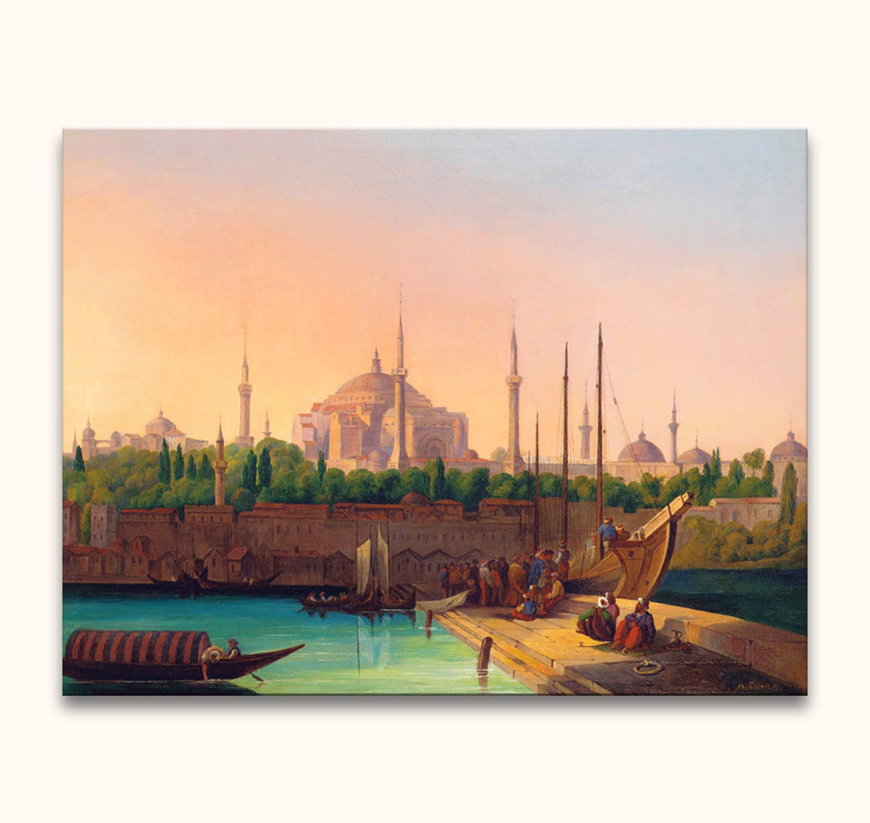 August Finke's 'Hagia Sophia, Istanbul' depicts a bustling 19th-century harbor scene with the iconic mosque, hand-painted in classic style on museum-quality canvas.
