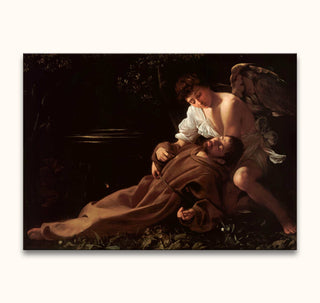 Caravaggio - Stigmatisation of Saint Francis: Hand-painted oil artwork depicting Saint Francis in a spiritual vision supported by an angel, showcasing dramatic chiaroscuro style.