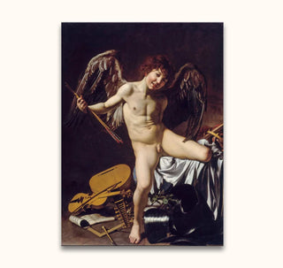 Caravaggio's Amor Vincit Omnia: Cupid triumphs over war and culture, depicted amid scattered instruments and armor. Hand-painted on museum-quality canvas.