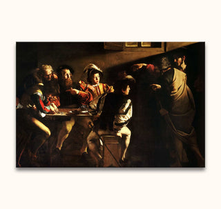 Caravaggio's The Calling of Saint Matthew: Hand-painted, dramatic scene with Christ and Saint Peter entering a dim room, highlighting Matthew. Oil on museum-quality canvas.
