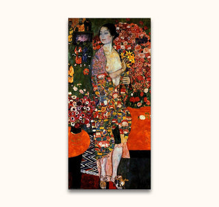 Gustav Klimt's The Dancer: A modernist oil painting of a semi-nude woman in a kimono, surrounded by lush floral arrangements, styled in Art Nouveau.