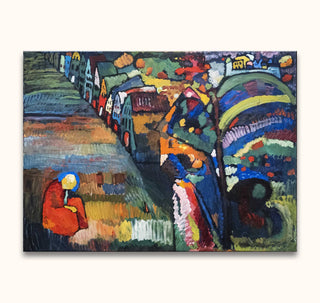 Hand-painted 'Bild mit Häusern' by Wassily Kandinsky, featuring abstract landscapes and houses, oil on canvas. Ideal for modern art enthusiasts.