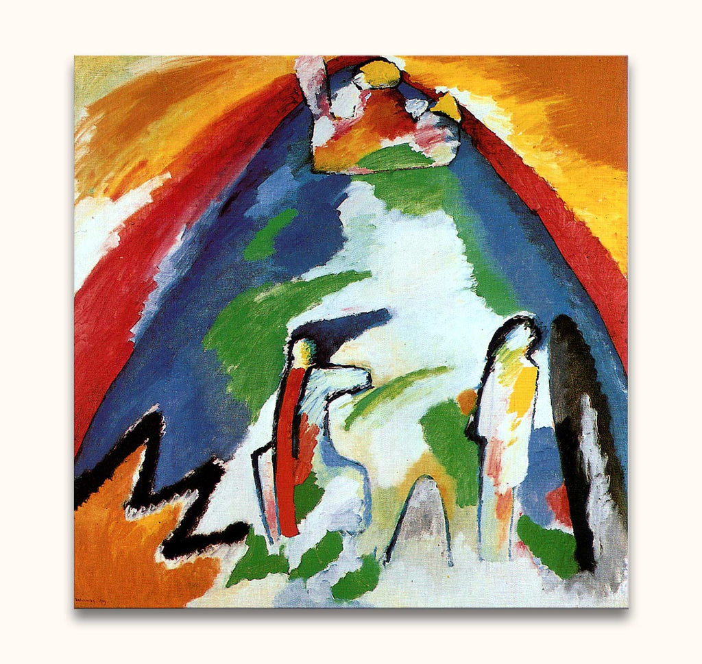 Wassily Kandinsky's 'Berg' abstract painting showcases dynamic color contrasts with triangular fields and totem-like brushstrokes, perfect for modern art enthusiasts' interiors.