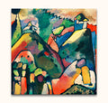Wassily Kandinsky - Improvisation 1: Abstract oil painting with vibrant brushstrokes forming a landscape hinting at hills and a castle, stretched on a wooden frame.