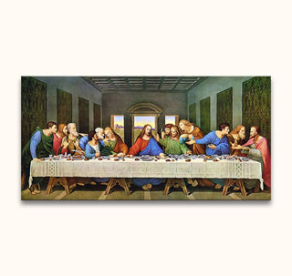 Leonardo da Vinci - Het Laatste Avondmaal: Hand-painted reproduction depicting Jesus and twelve apostles in a vaulted room, framed on professional acid-free canvas, ready to hang.