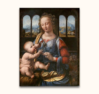 Leonardo da Vinci - Madonna of the Carnation: Hand-painted depiction of Virgin Mary with infant Jesus, featuring intricate Renaissance details, ready-to-hang on museum-quality canvas.