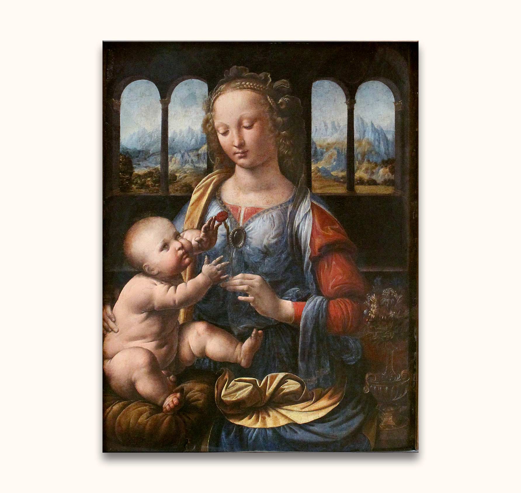Leonardo da Vinci - Madonna of the Carnation: Hand-painted depiction of Virgin Mary with infant Jesus, featuring intricate Renaissance details, ready-to-hang on museum-quality canvas.