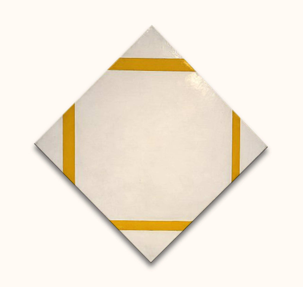 Piet Mondriaan's 'Compositie met gele lijnen': Minimalist diamond-oriented square with mustard-yellow bars on edges, hand-painted for modern art lovers.