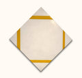 Piet Mondriaan's 'Compositie met gele lijnen': Minimalist diamond-oriented square with mustard-yellow bars on edges, hand-painted for modern art lovers.