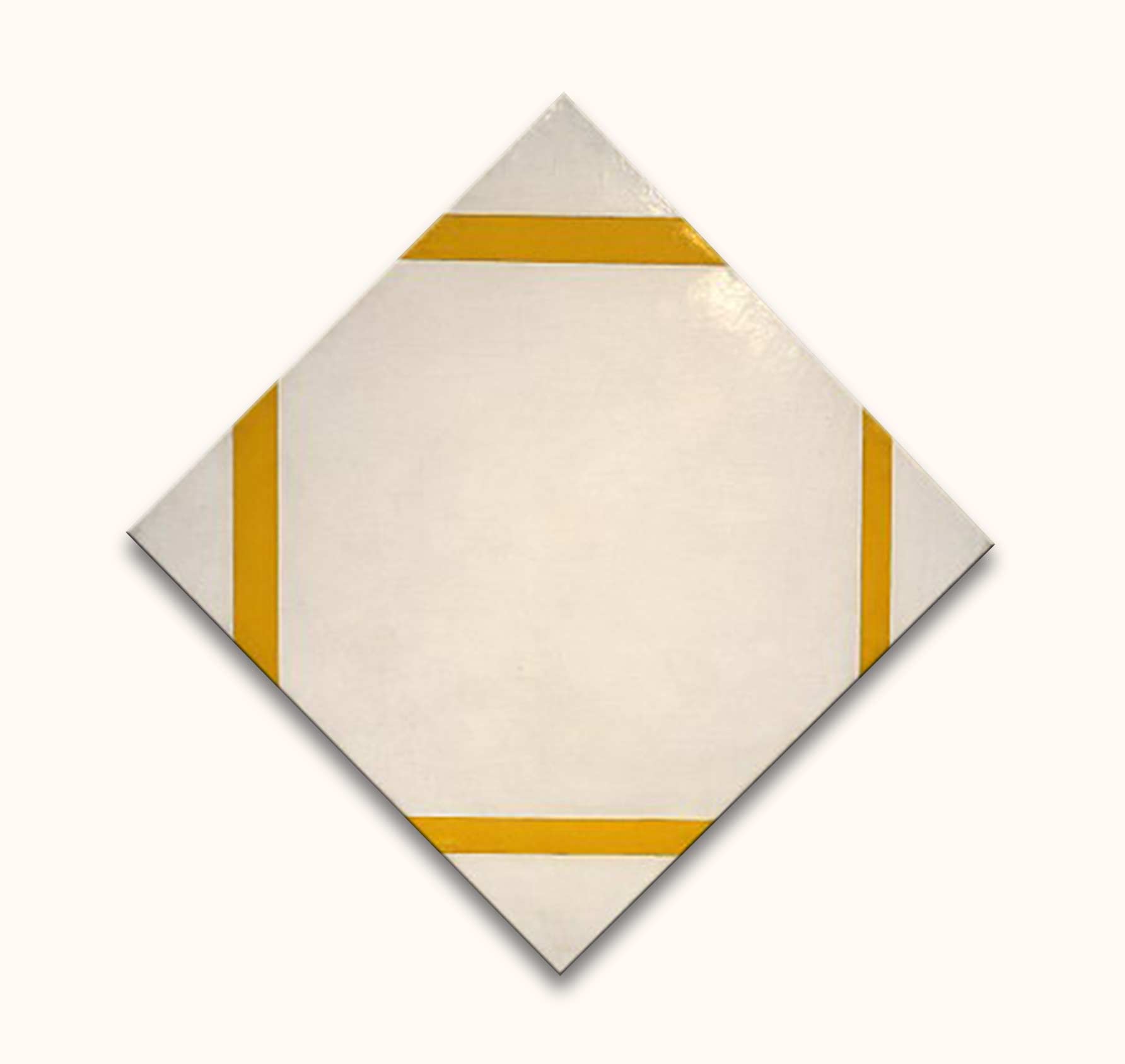 Piet Mondriaan's 'Compositie met gele lijnen': Minimalist diamond-oriented square with mustard-yellow bars on edges, hand-painted for modern art lovers.